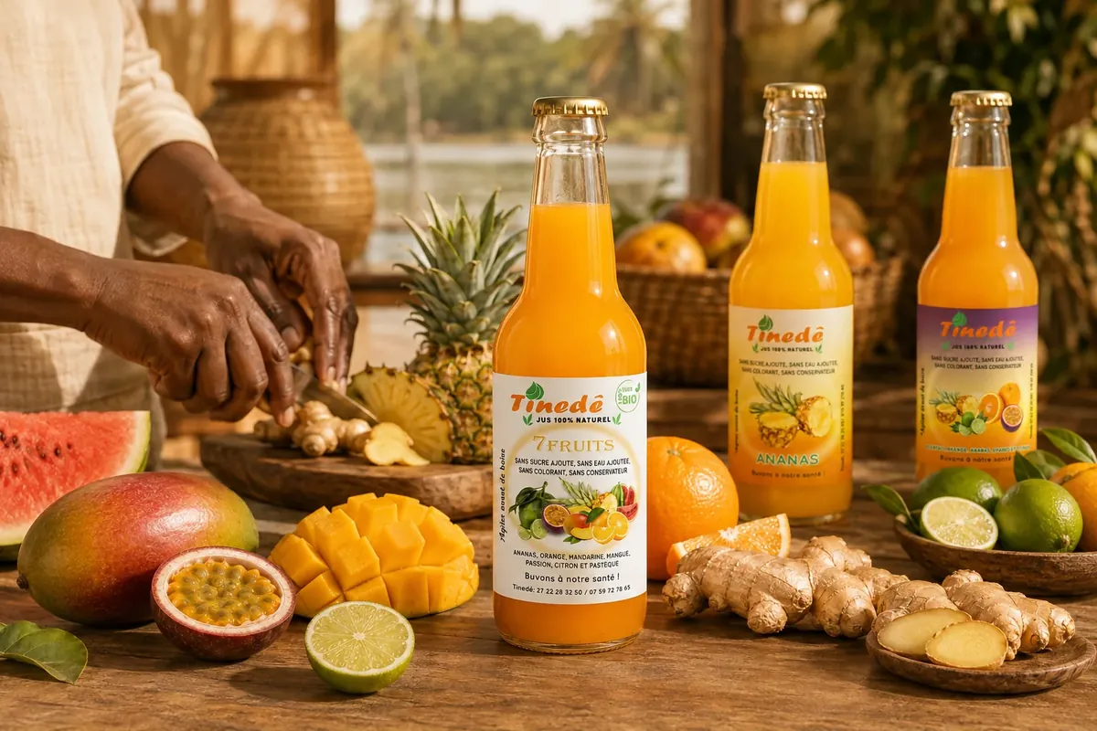 Bouteille de jus Tinedê 7 Fruits entourée de fruits tropicaux