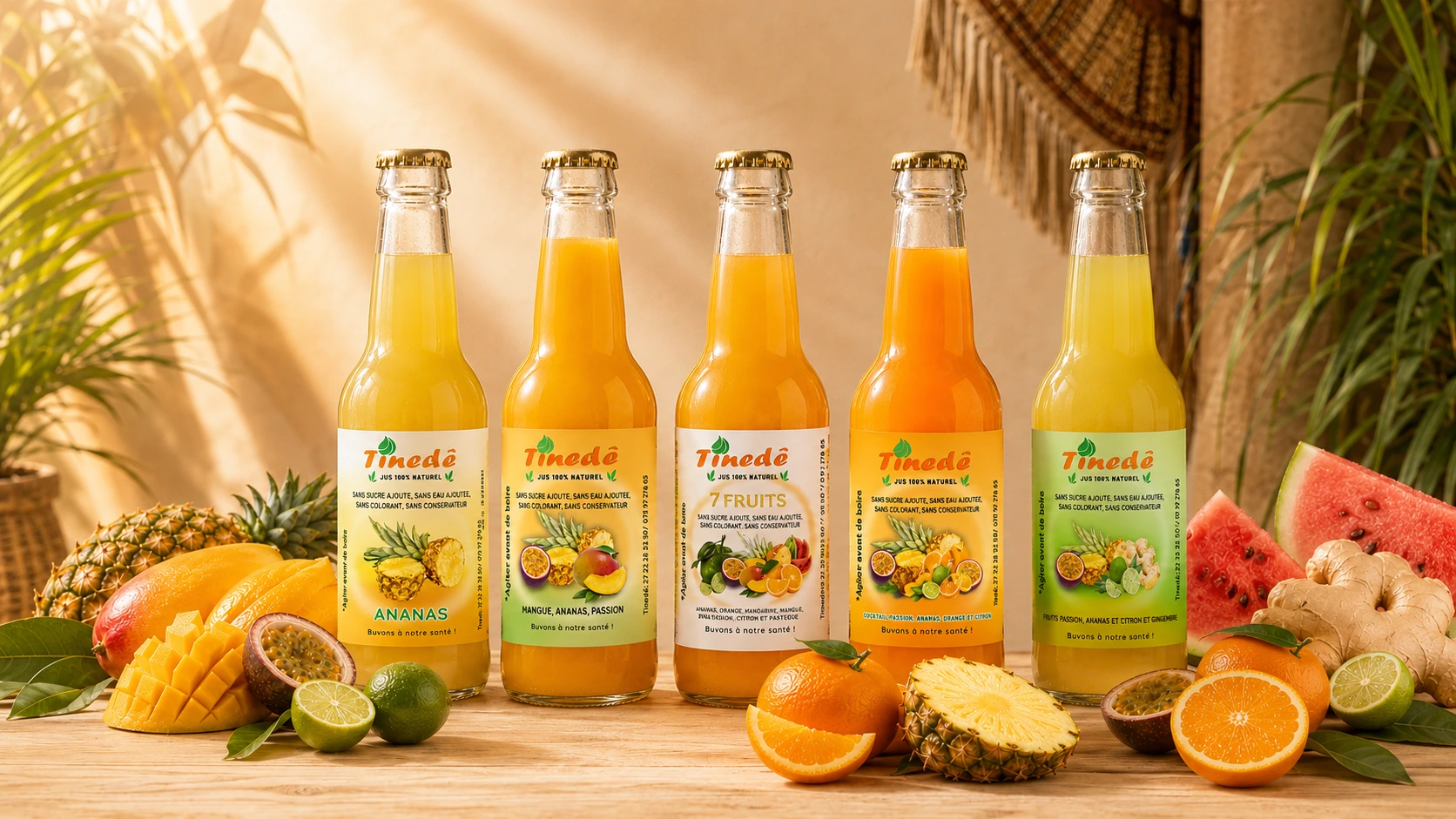 Les cinq saveurs de jus Tinedê entourées de fruits frais