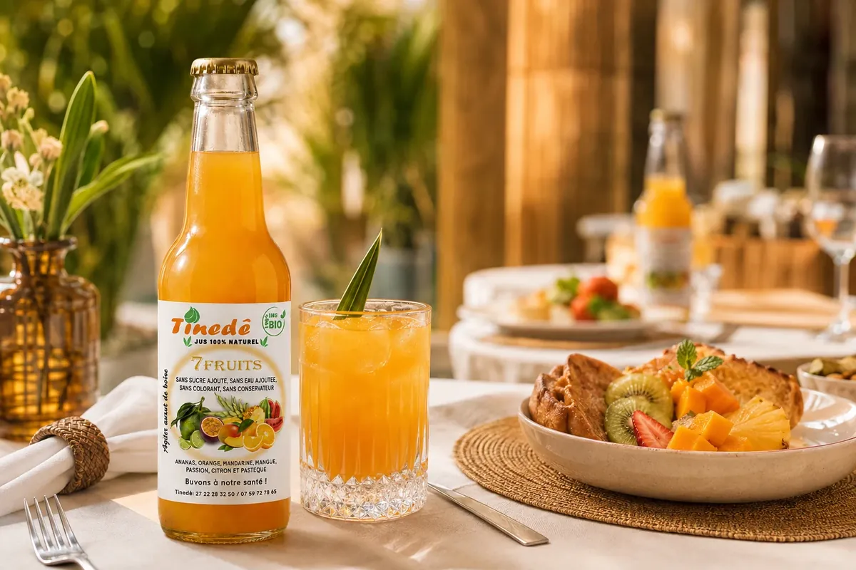Bouteille Tinedê 7 Fruits servie avec un verre sur une table d'établissement